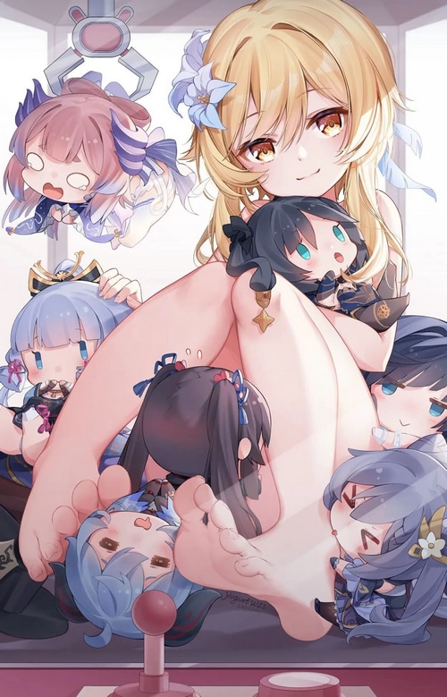 Lumine surrounded by chibi Genshin Impact characters
