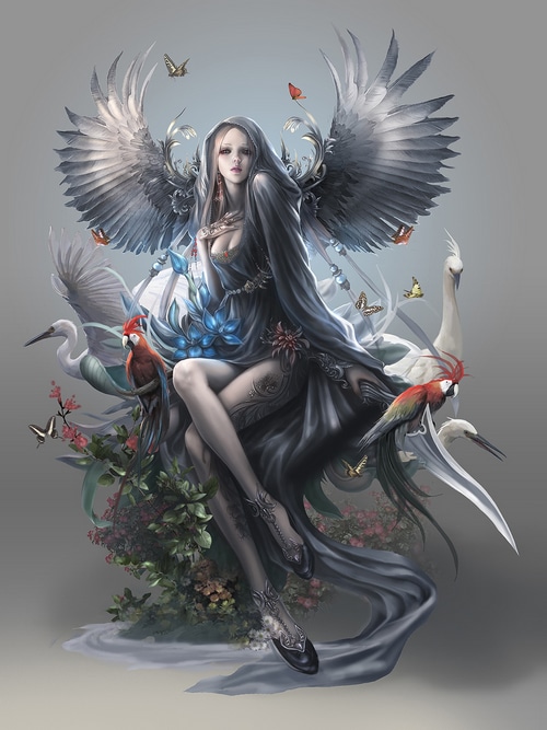 Angel with wings, birds, and butterflies