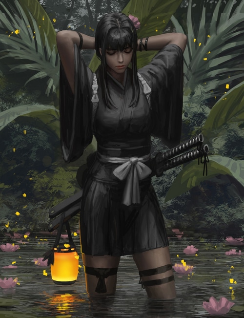 Fantasy art of a woman with swords and lantern in water