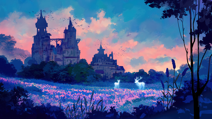 4K pastel ArtStation fantasy castle with deer