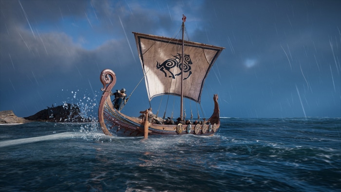 Assassin's Creed Valhalla: Viking longship sailing in the rain