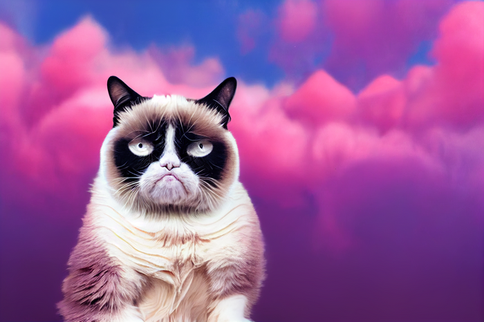 Grumpy Cat sits in front of pink and blue clouds