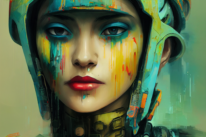 Portrait of a woman in a helmet with paint splashes