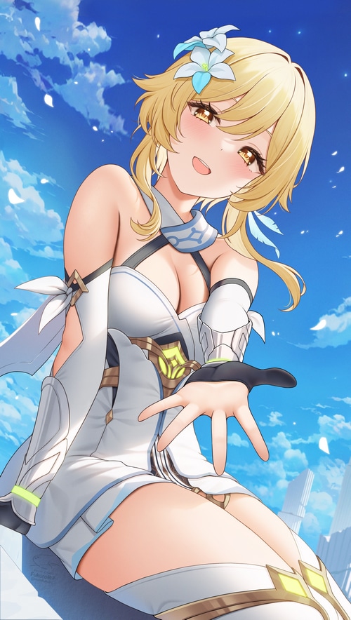 Lumine from Genshin Impact reaching out