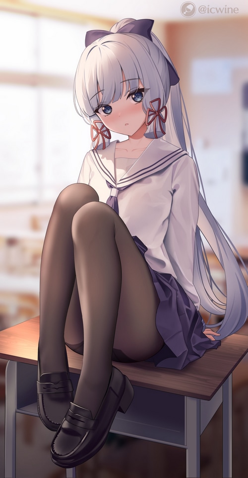 Shy girl in school uniform with blue hair and eyes