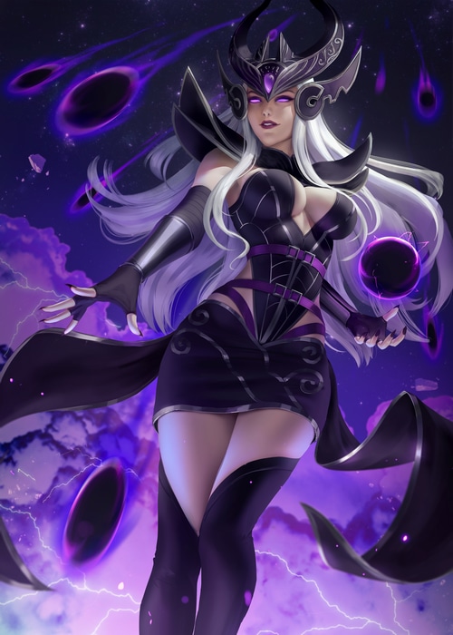 Syndra from League of Legends with dark orbs
