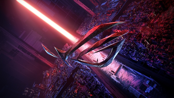 4K CGI ASUS ROG logo in futuristic city