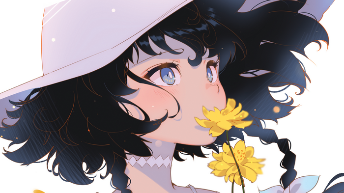 Girl with blue eyes and flowers wearing a hat