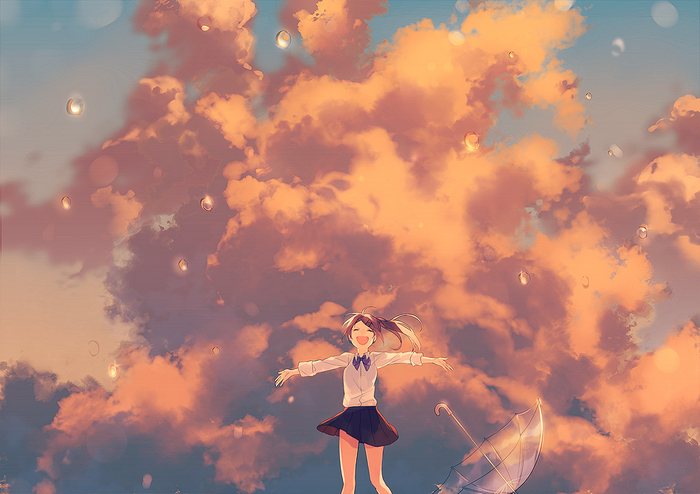 Anime girl with umbrella in cloudy sky with water drops