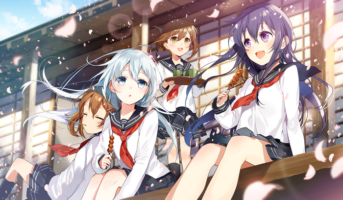 Kantai Collection girls eating dango under petals