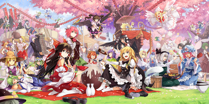 Touhou characters enjoying a cherry blossom viewing picnic