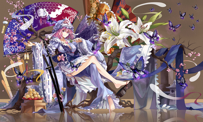 Saigyouji Yuyuko with butterflies and fans