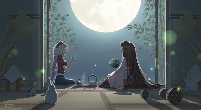 Houraisan Kaguya and Yagokoro Eirin under the Moon