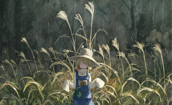 Moriya Suwako in the rain with tall grass