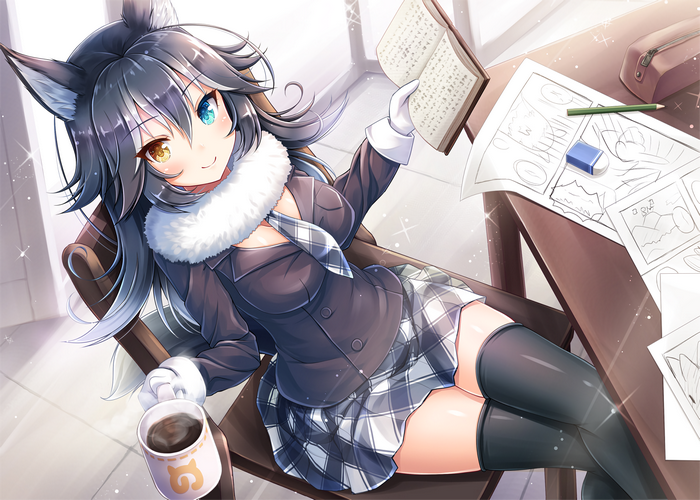 Fox girl reading a book and drinking coffee