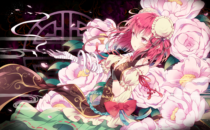 Touhou character with pink hair surrounded by flowers