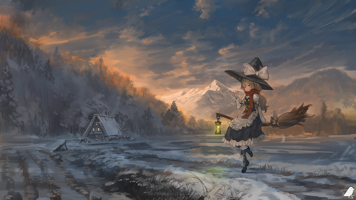 Kirisame Marisa flying on a broom in a snowy landscape