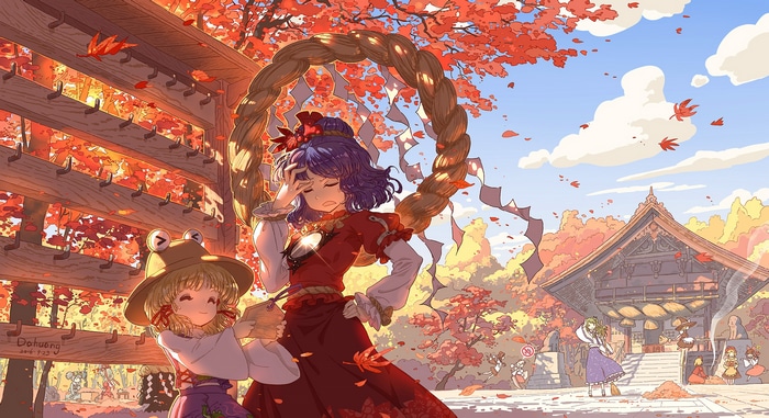 Touhou characters in a shrine during autumn