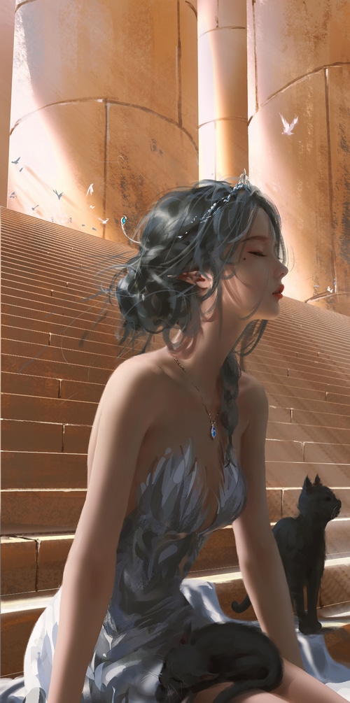 4K WLOP woman with cats on stairs
