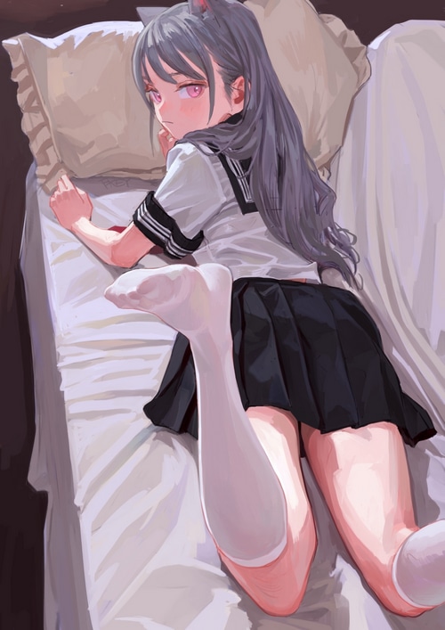Anime girl in school uniform lying on bed