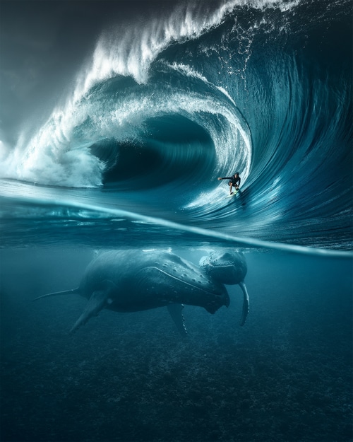 Surfer rides a massive wave above two humpback whales