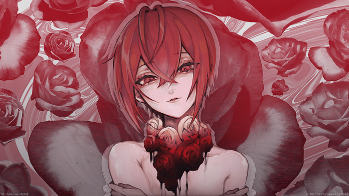 Anime character with red eyes surrounded by roses