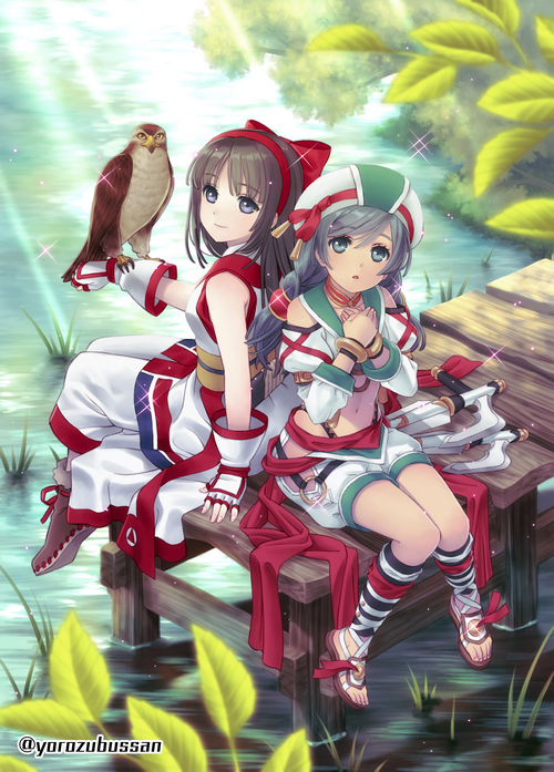 Nakoruru with a hawk and companion by the water