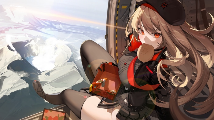 4K Nikke: The Goddess of Victory blonde girl with red eyes eating bread