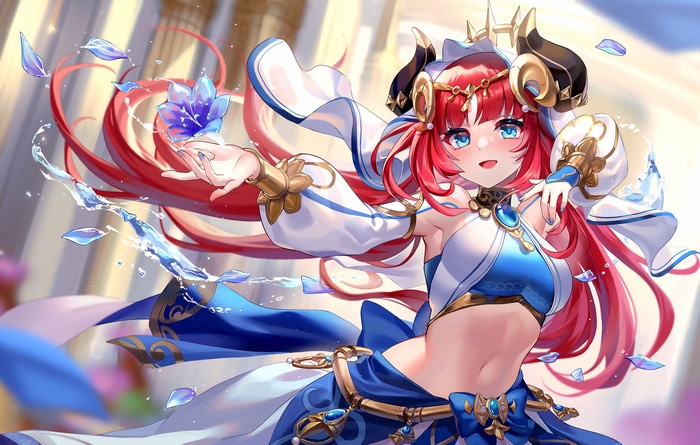 Nilou from Genshin Impact with blue eyes and horns