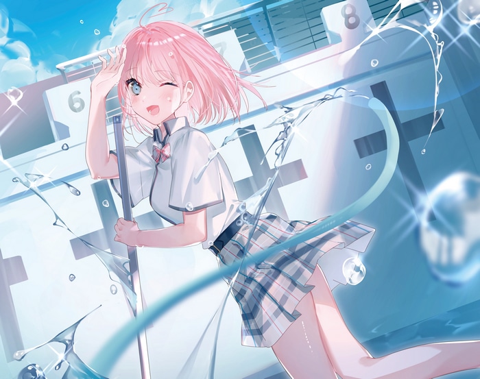 Girl in school uniform at a swimming pool