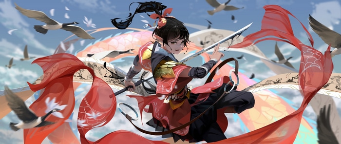 Fantasy girl with sword and geese flying