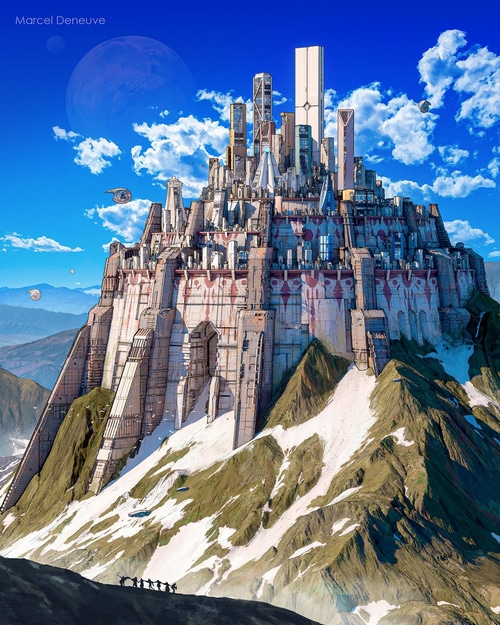 Futuristic castle on a snowy mountain by Marcel Deneuve