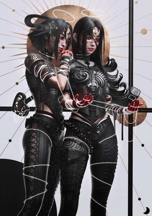 Two women with red eyes and dark hair in black outfits