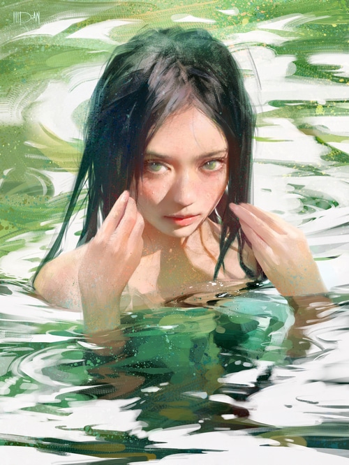 Woman with green eyes in water by ILLDIAN