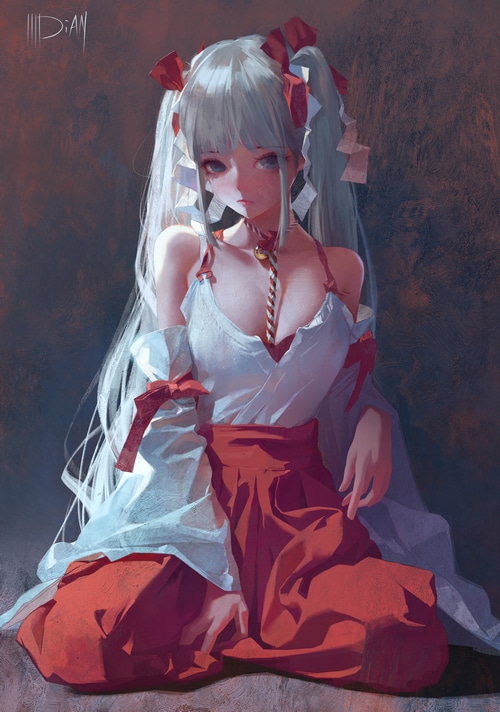 Miko with silver hair and red skirt