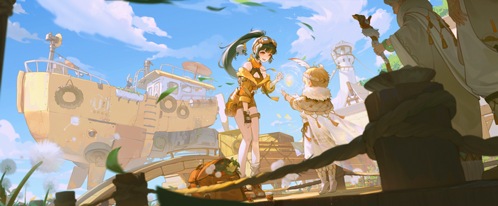 Anime characters on a boat with dandelions