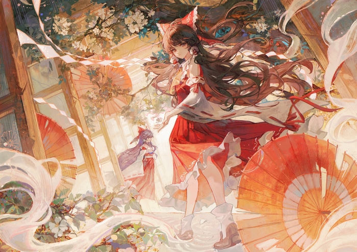 Hakurei Reimu and another girl with umbrellas