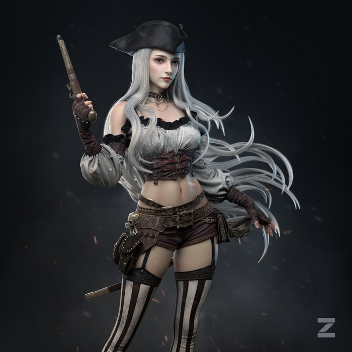 Pirate girl with silver hair and a gun