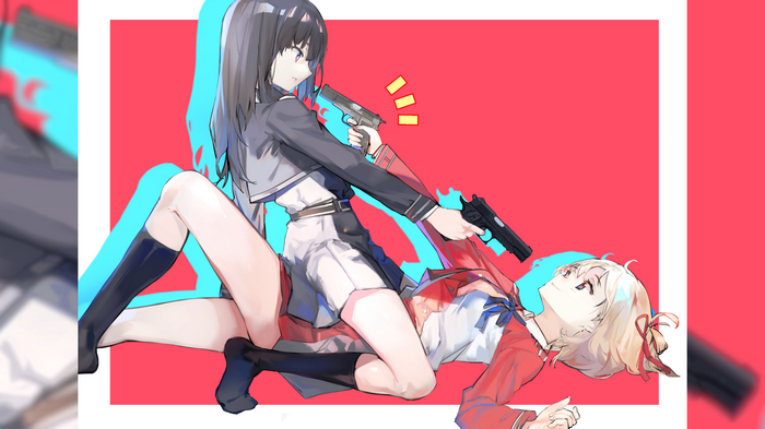 Nishikigi Chisato and Inoue Takina with guns