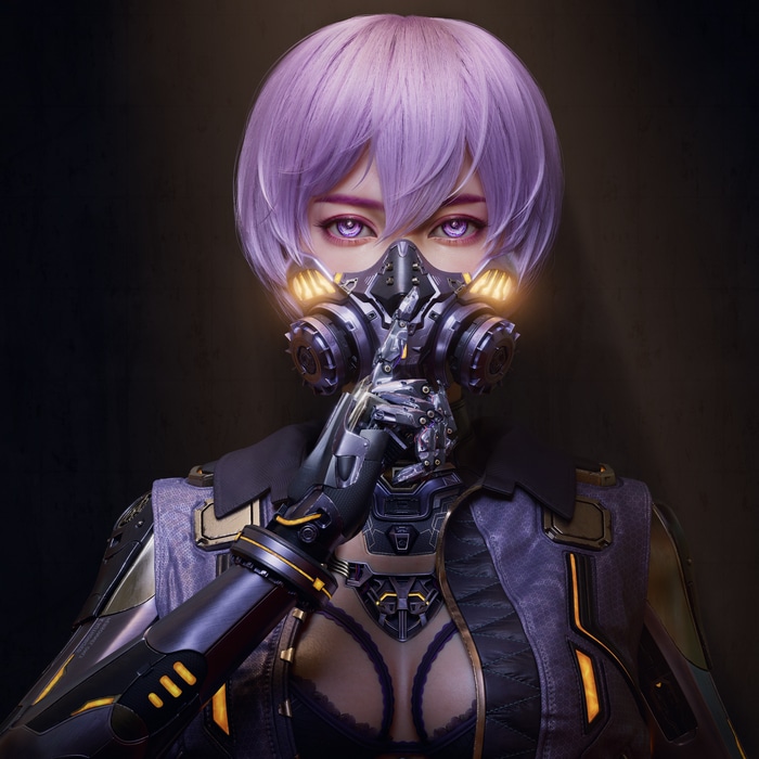 Cyberpunk woman with purple hair and mask