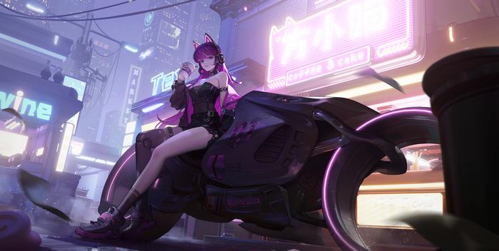 Girl with cat ears on a futuristic motorcycle in a cyberpunk city