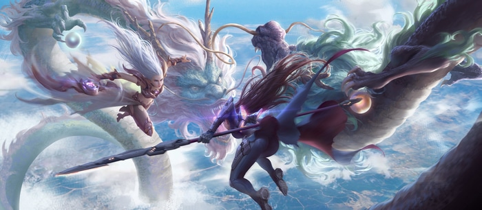 Fantasy art of two women fighting dragons in the sky
