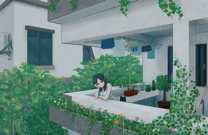 Girl and cat on a rainy balcony with plants
