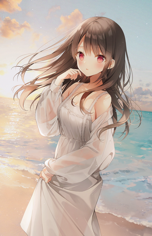 Anime girl with red eyes on a beach at sunset
