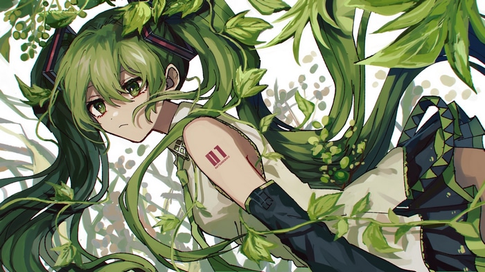 Hatsune Miku surrounded by green leaves