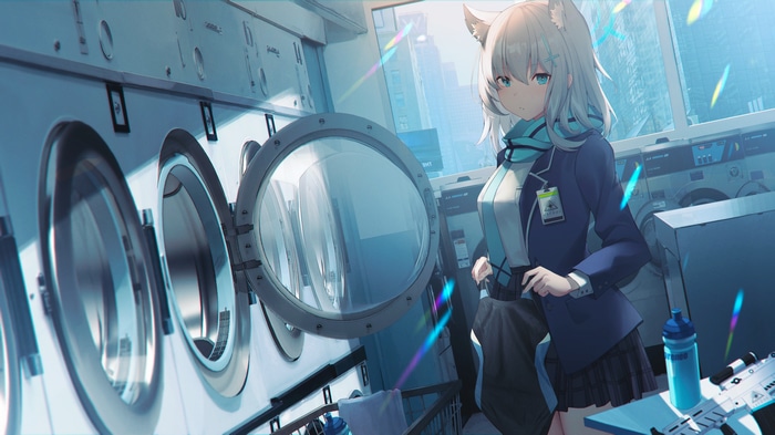 Blue Archive: Silver-haired girl in a laundromat