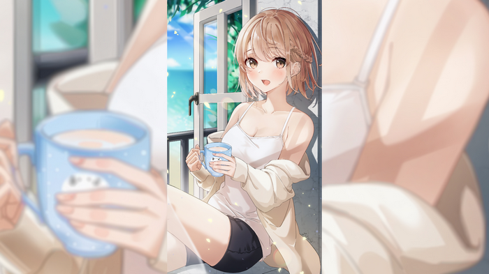 Girl with braids holding a mug by the window