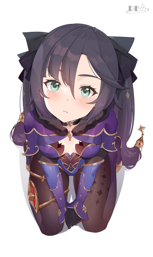 Genshin Impact Mona kneeling on white background