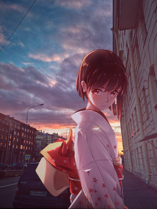 Anime girl in yukata at sunset in city