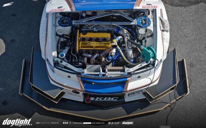 Mitsubishi Lancer Evo V engine bay with bodykit
